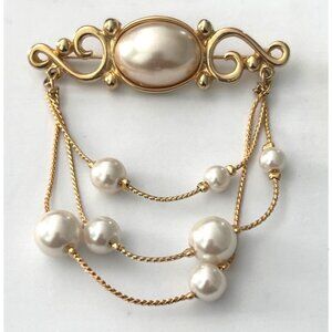 Vintage 80's 90's Gold-Tone Brooch Dangle Pin Faux Pearl Accents Chain Drape